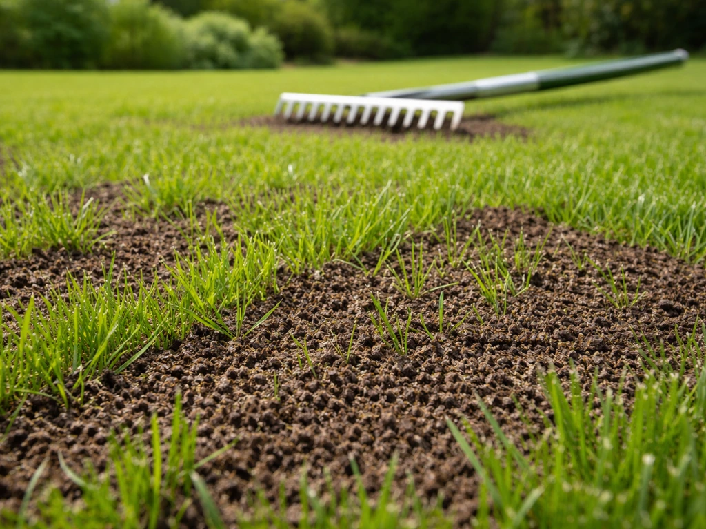 Gezond gazon met een gelijkmatige compost-topdressinglaag (3–6 mm) op de voorgrond en een hark op de achtergrond.