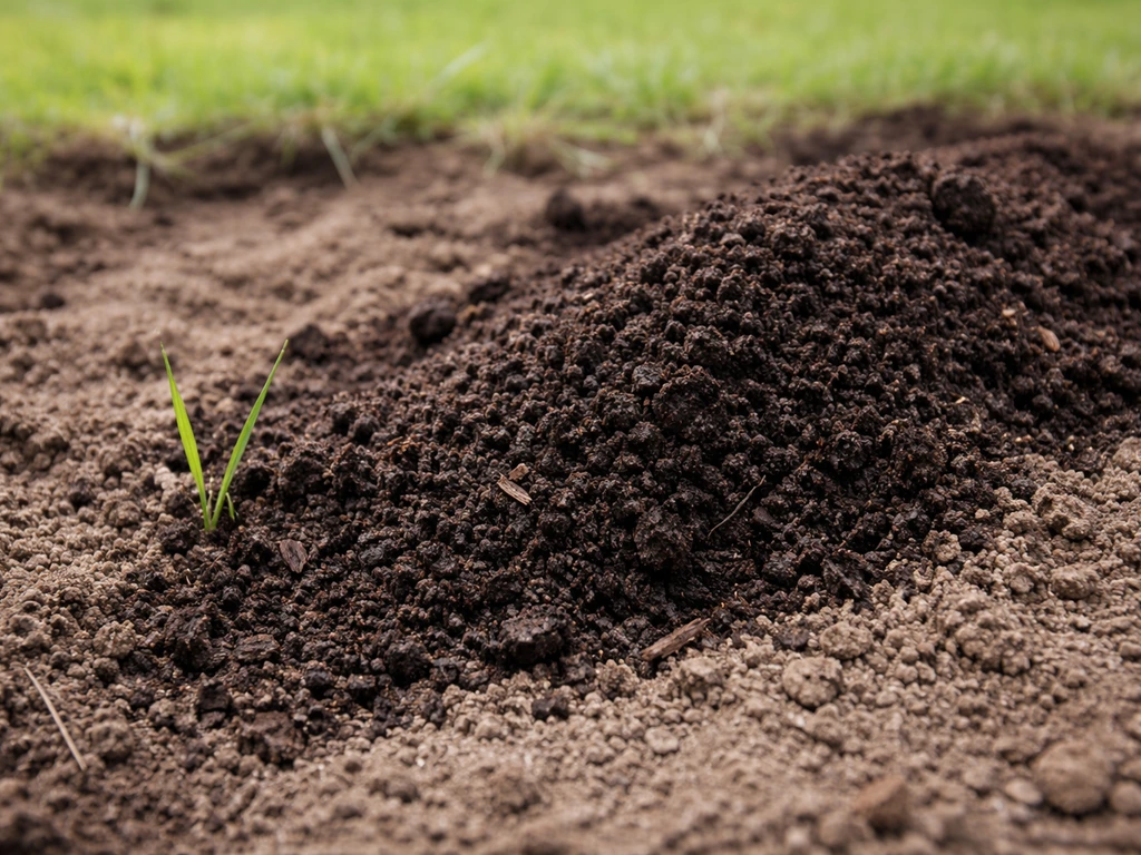Close-up van kruimelige, donkere compost op en in de bodem rond gras, klaar om te worden ingewerkt.