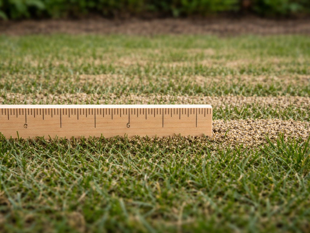 Close-up van gras met topdressing en een liniaal die de laagdikte van enkele millimeters meet.