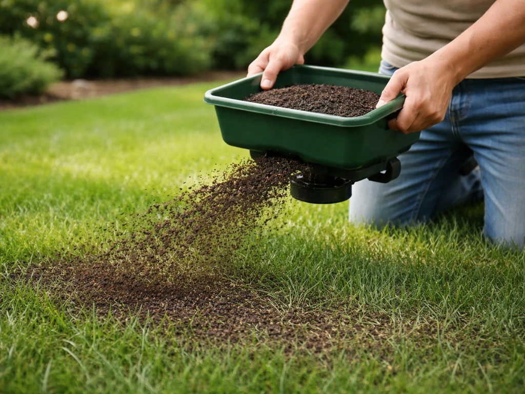 Handen met kleine strooier verspreiden compost over een gazon, met zichtbaar ingeharkte/ingezakte toplaag