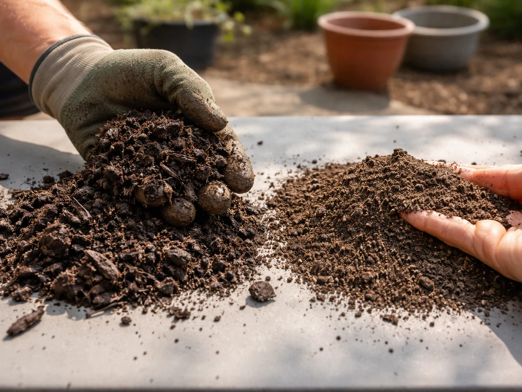 Close-up van te nat/grof compost naast fijne teelaarde als juiste toplaag voor gras.