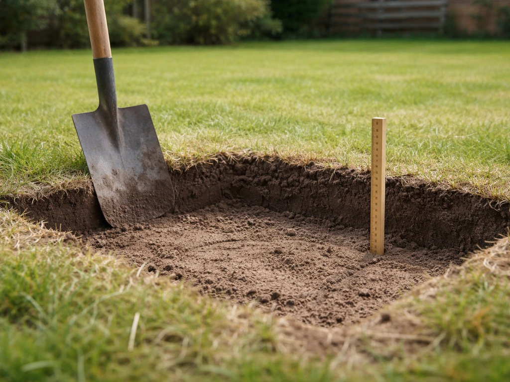 Schep en duimstok naast gegraven kuil met 10–15 cm teelaarde als referentie in de tuin