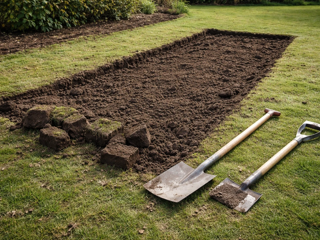 Werkstrook in een tuin met schone, blootgelegde grond na het verwijderen van oude zoden, met spade en zodensnijder