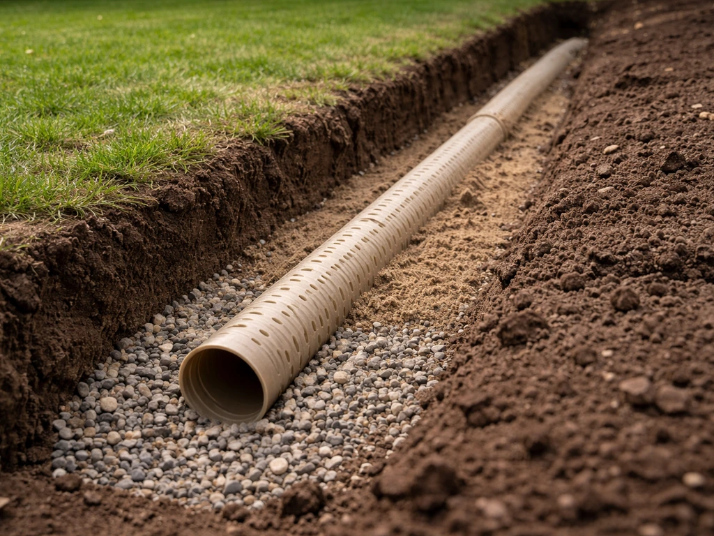 Gegraven strook in de tuin met drainagebuis en afdekking, die een waterafvoerprobleem verbeeldt.