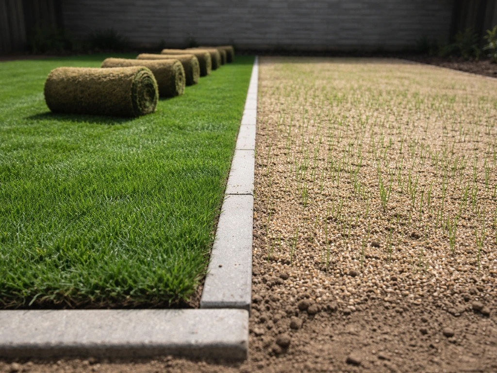 Twee naast elkaar liggende delen: verse graszoden links en ingezaaid gazon rechts, met schone tuinbodem.