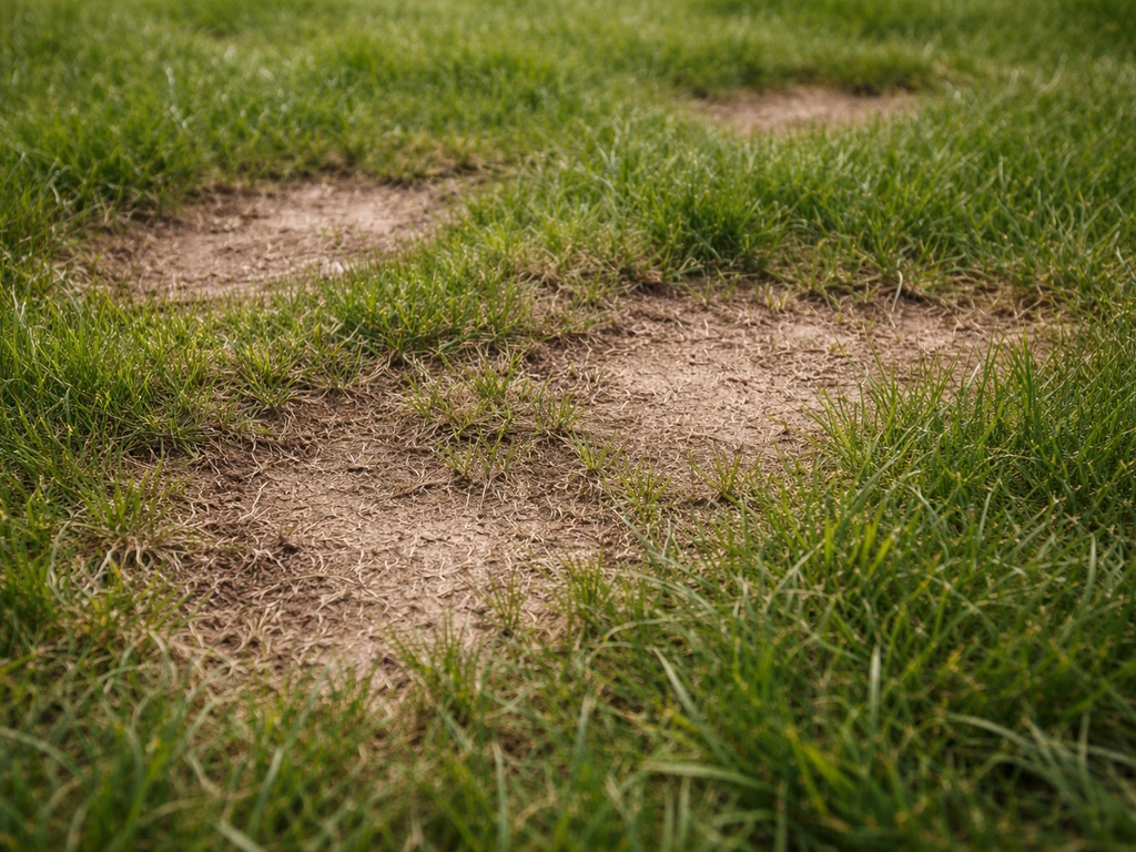 Close-up van kale, uitgedroogde grasplekken met een ongelijk aangroeiende zone in een tuinperkje.