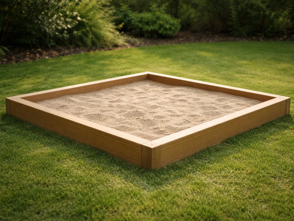 Nette zandbak op gras met schone, droge speelplek en strakke houten randafwerking in de tuin.