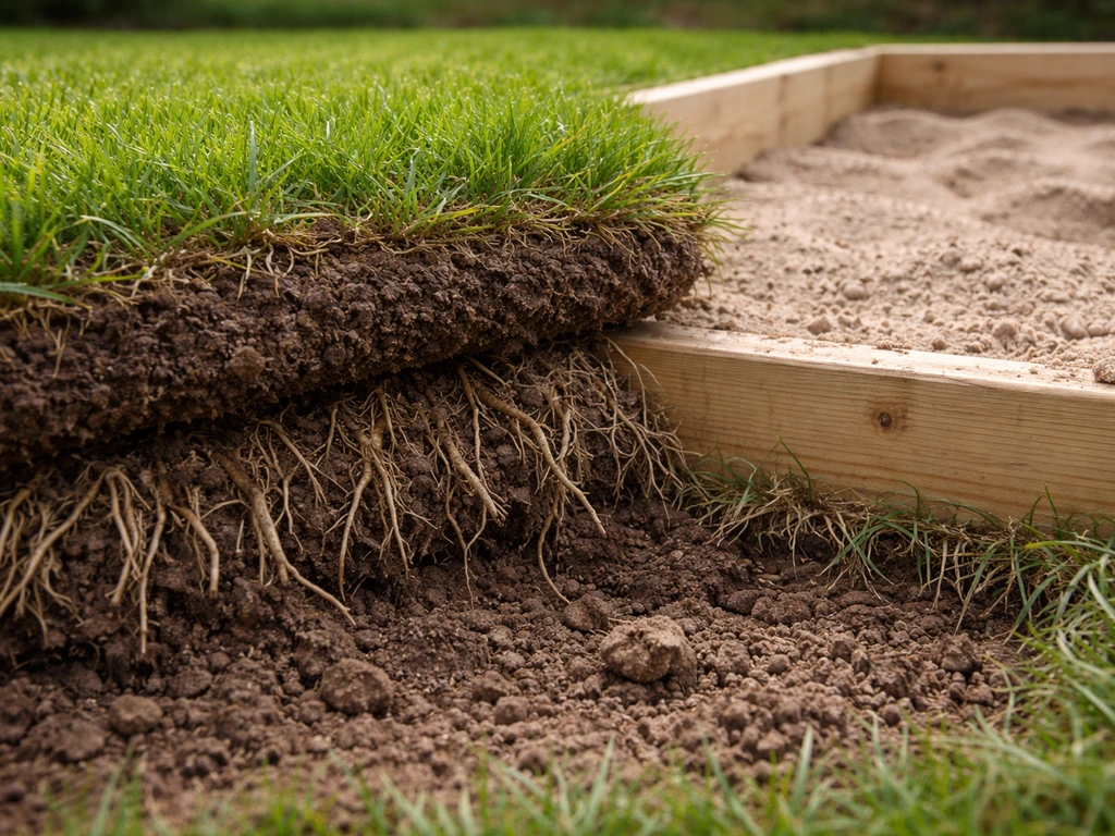 Close-up van opgetilde graszode met zichtbare wortels en een zandbakrand erop, met rommelige ondergrond.