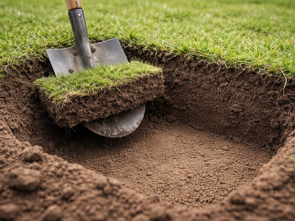 Schop steekt graszode weg bij een uitgegraven kuil; vlakke bodem en ingestoken rand rond een zandbak