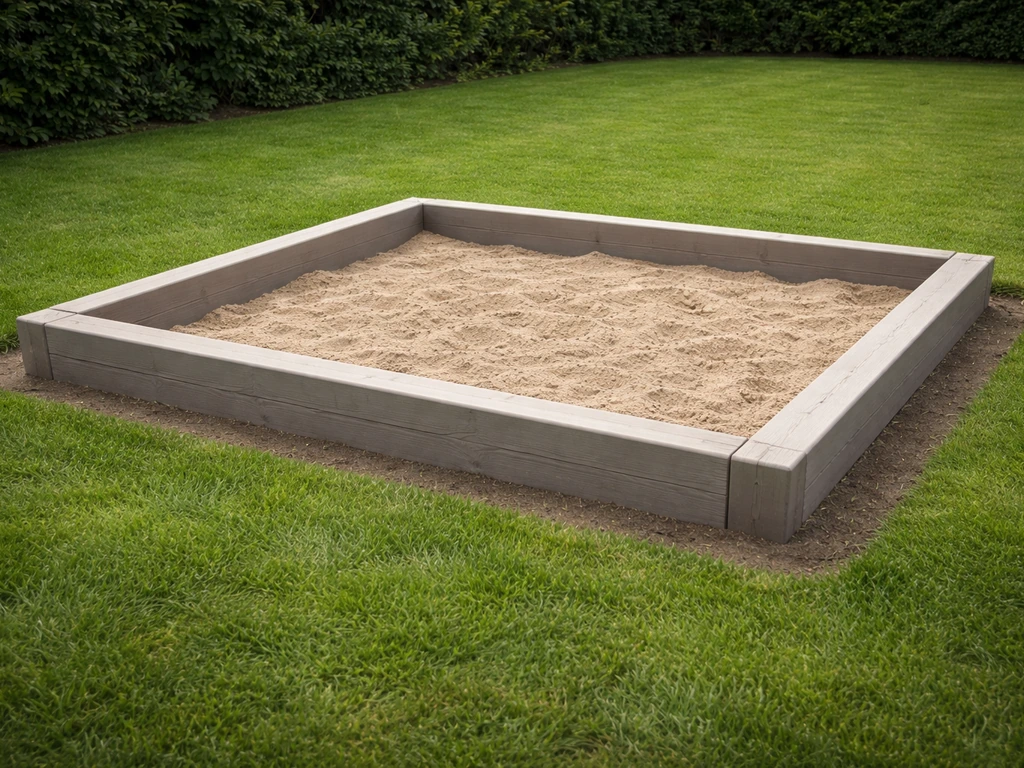 Zandbak met hoge randen en een beschermde strook gras rondom, in een rustige tuin