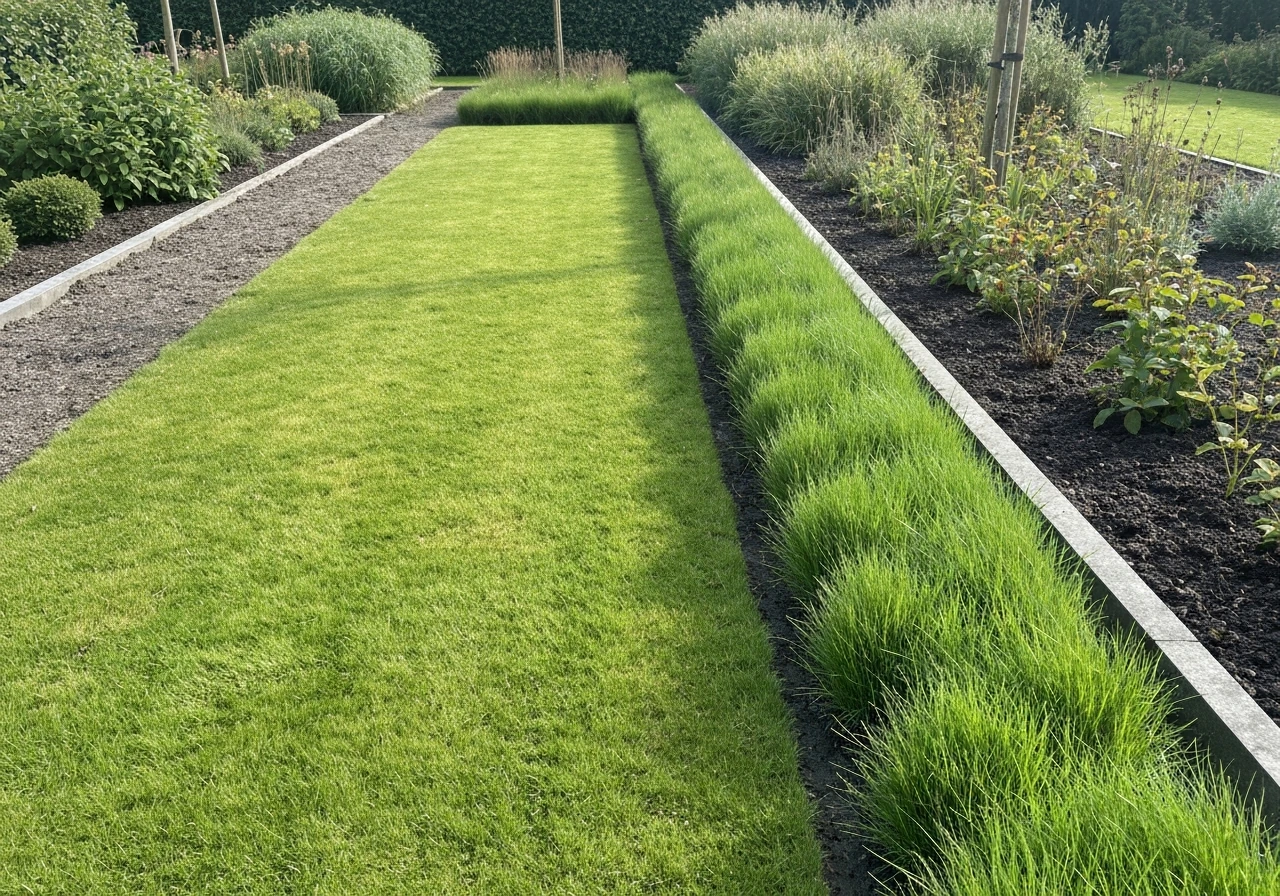Strak aangelegde afscheiding gras en border met duidelijke randlijn in een Nederlandse tuin, minimalistische omgeving.