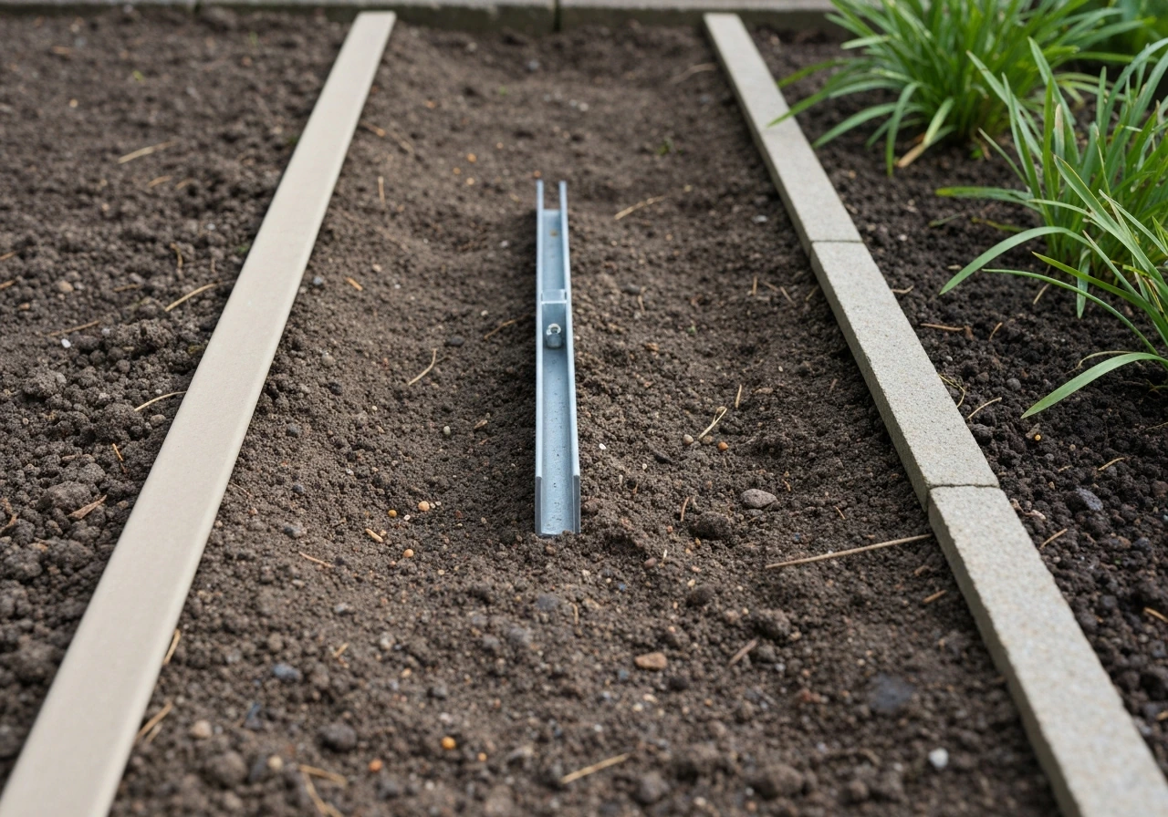 Randen van flexkunststof, metaal en betonnen borderbanden langs een tuinpad, verankerd in de grond.