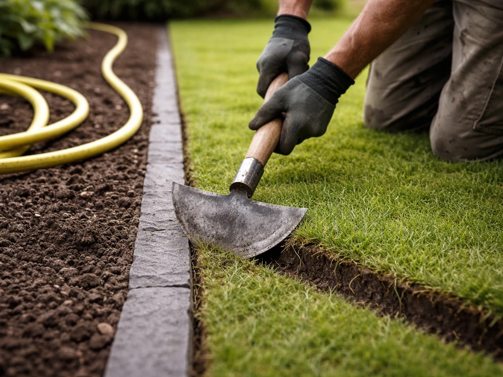Handen snijden graszoden strak langs een borderrand en water geven met tuinslang in de tuin.