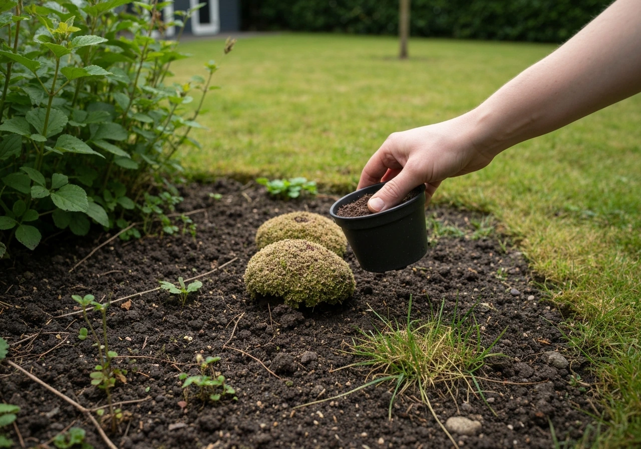 Tuintje met kale plek op gras, hand giet potgrond dun over aarde en graszaad komt erbij