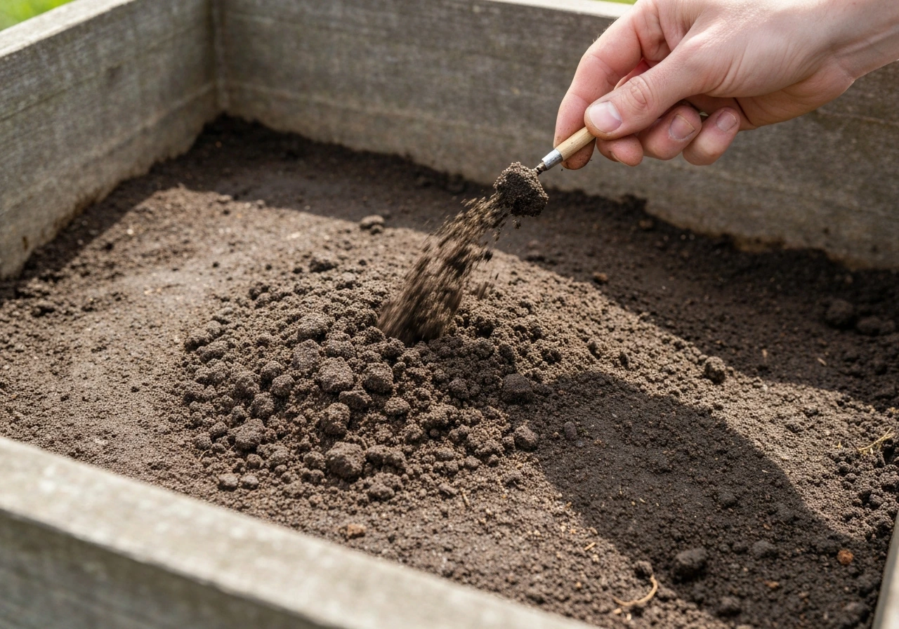 Hand brengt een dunne, gelijkmatige laag grove potgrond aan (≤1 cm) op een herstelde strook in de tuin.