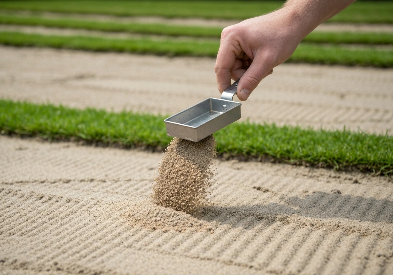 Tuinier die met een schep topdressingzand over kale grasplekken uitstrooit