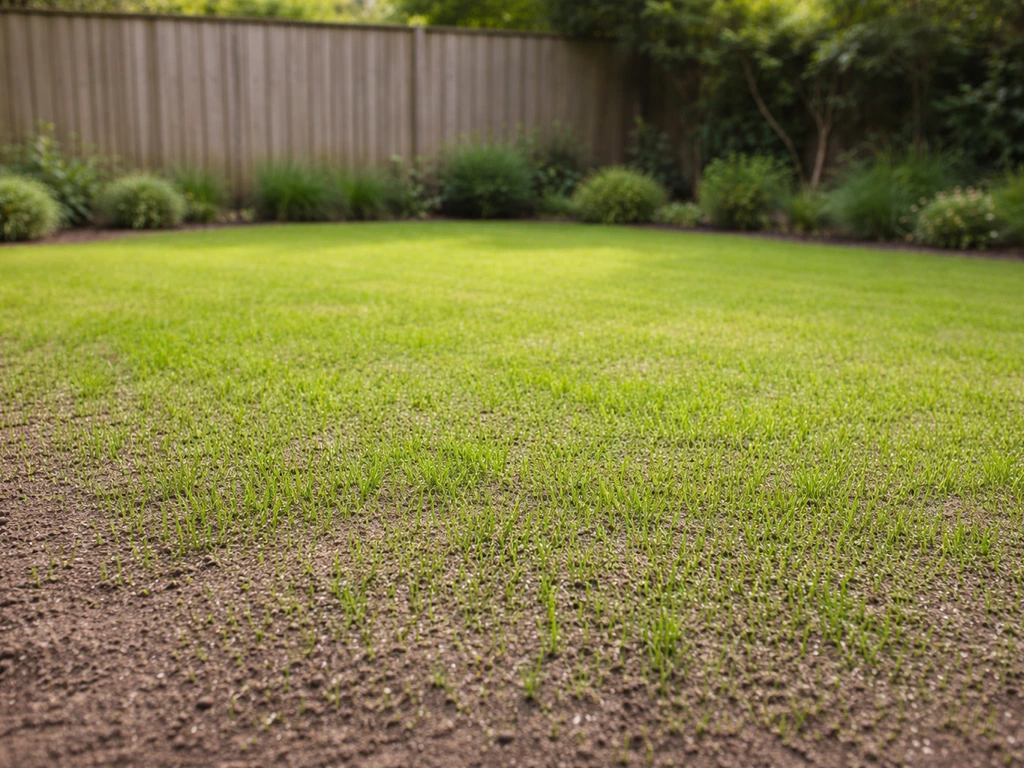 Pas aangelegd gazon in een Nederlandse tuin, met lichtgroene sprieten en voorbereide grond voor de eerste weken