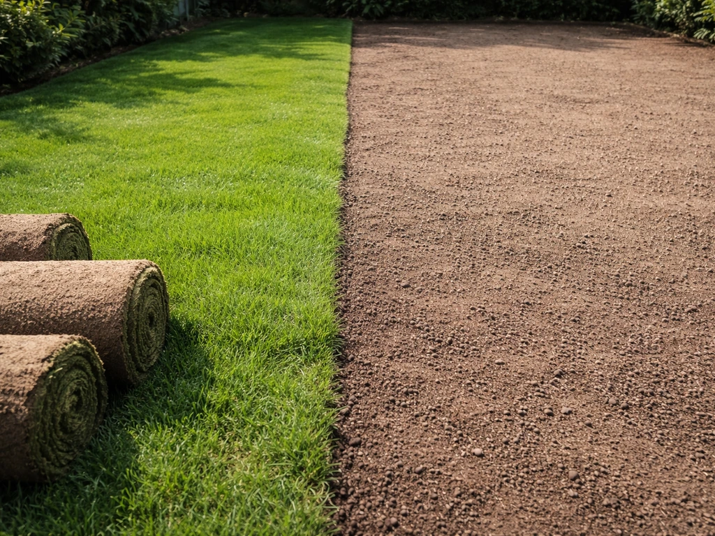 Tuin met links graszoden en rechts ingezaaide grond, beide delen in hetzelfde frame