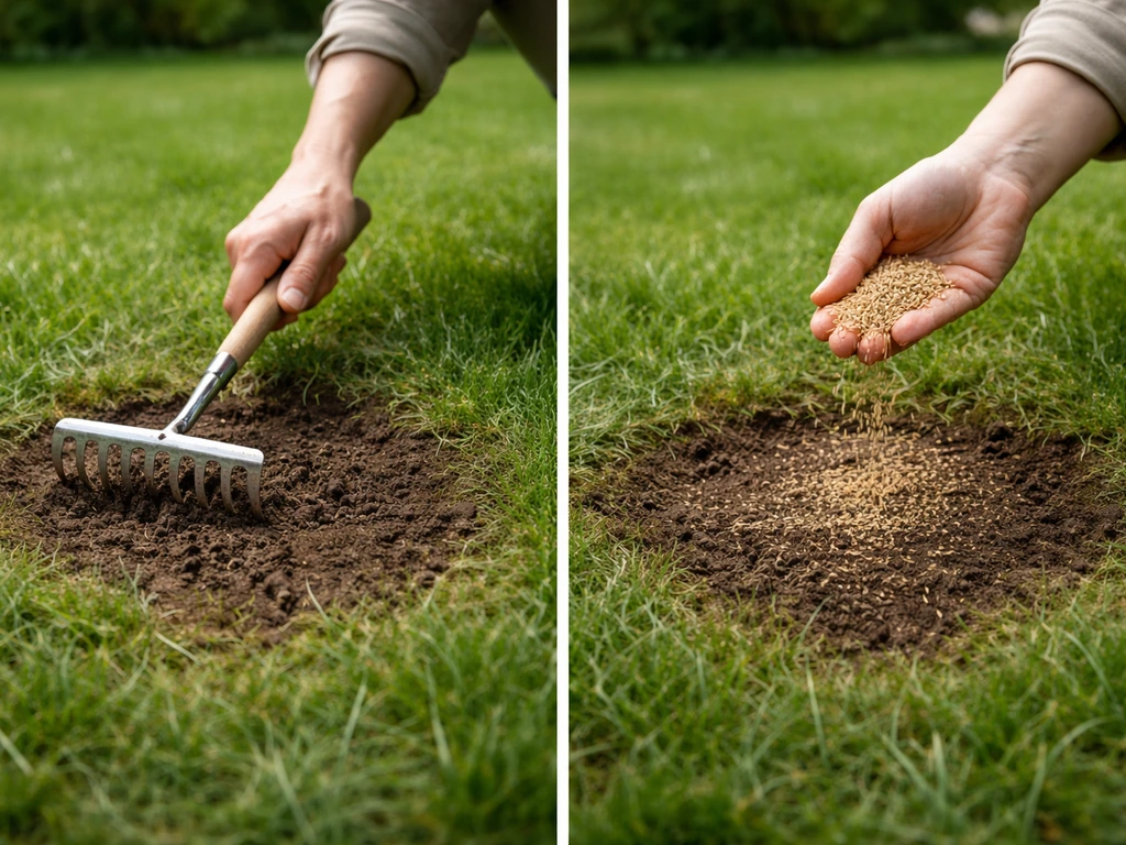 Hark maakt een kale plek los op het gazon, waarna graszaad wordt uitgestrooid