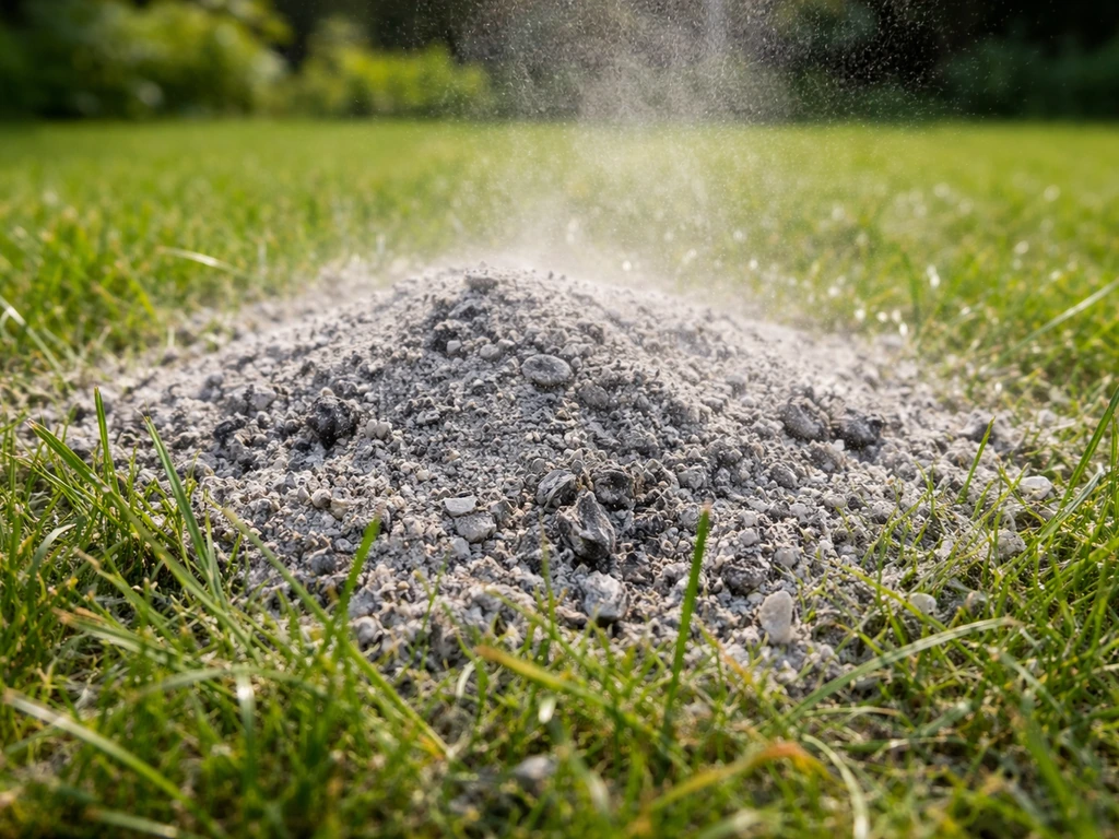 Close-up van houtaspoeder en korrels op groen gras in een rustige tuin, met duidelijk zicht op de textuur.