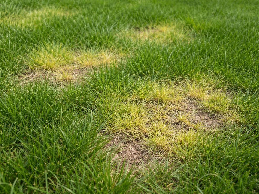 Geel/lichtergroen beschadigd gras tussen nog gezond gras, met schrale zwakke pollen zichtbaar.