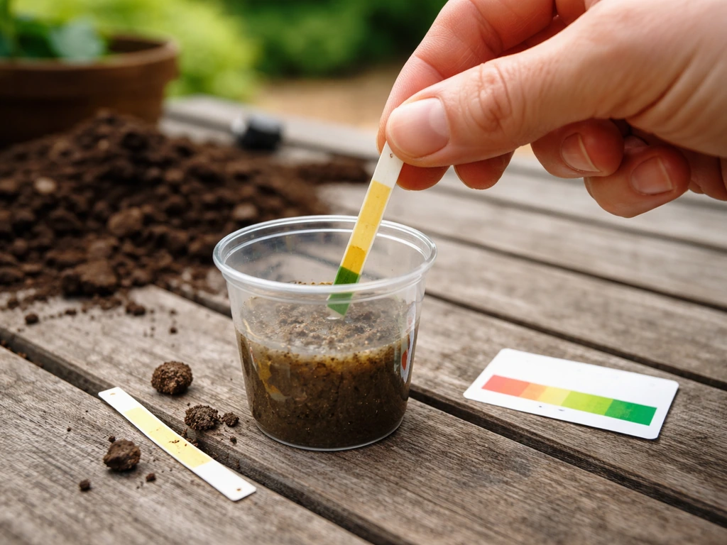 Close-up van een hand met een pH-teststrip boven bodem-watermengsel, met pH-testset op tuintafel.