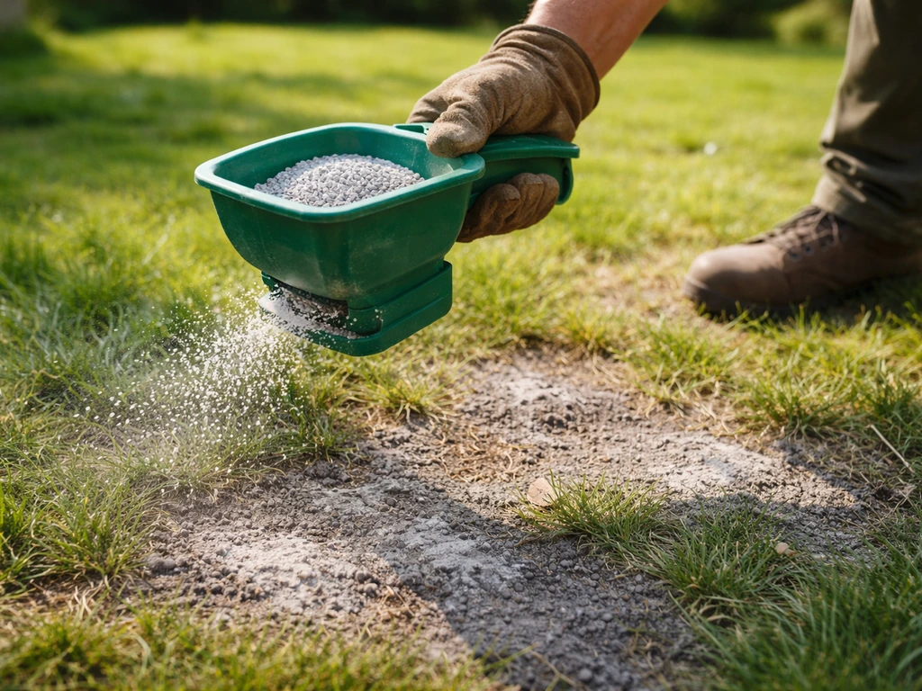 Handstrooier met korrels die op het gazon worden gestrooid op plekken waar houtas is gevallen.