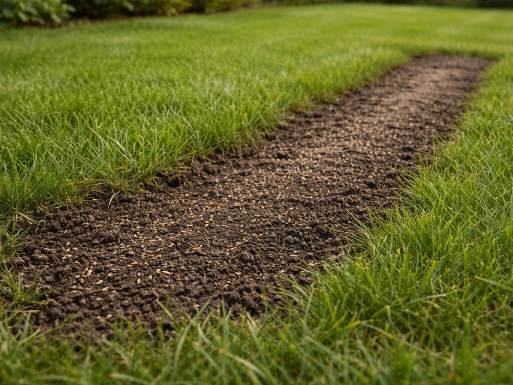 Kale plek in een grasmat met ingezaaide graszaadjes en afdekking, naast nog groene stukken gras.