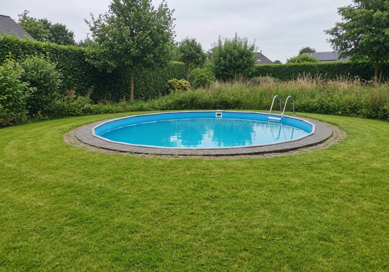 Opzet-zwembad op gras in een Nederlandse tuin met een beschermende onderlaag eronder, duidelijke gazonbescherming.