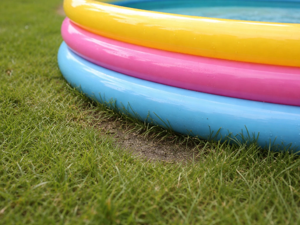 Close-up van een opblaasbaar zwembadje op gras met zichtbare voetafdruk en lichte drukplek