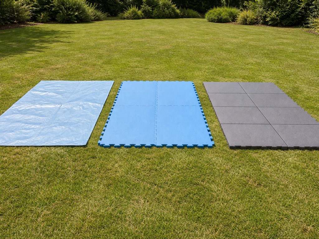 Drie naast elkaar liggende onderlagen voor een zwembad: grondzeil, foam/mat en platte tegels op gras