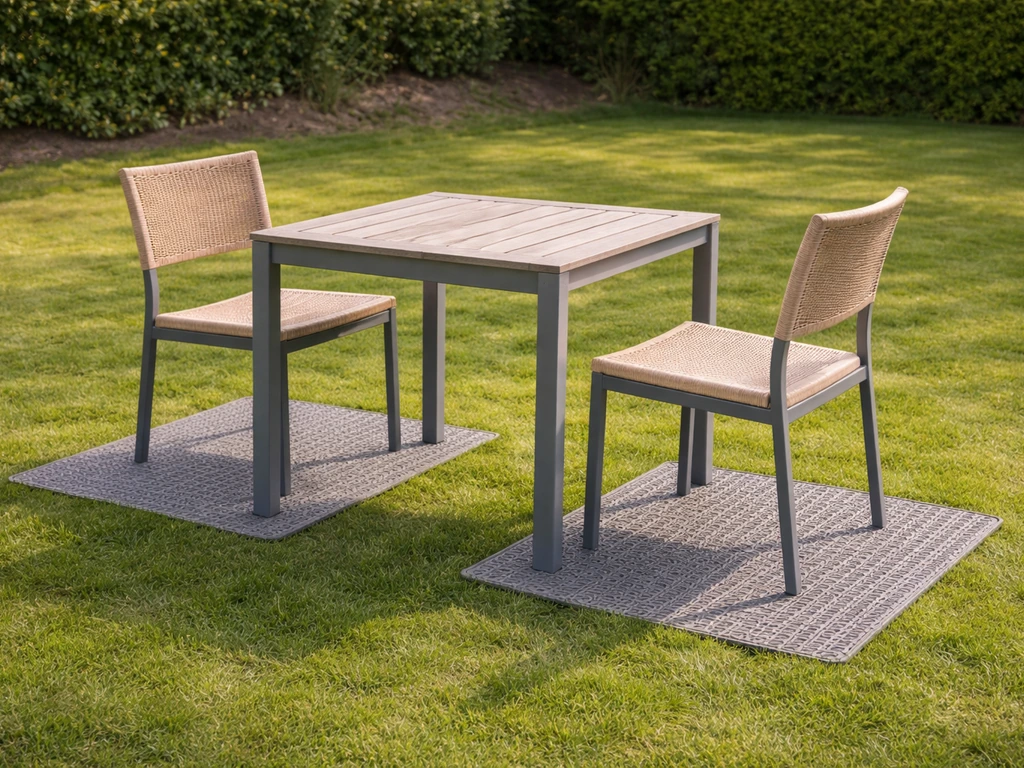 Tuinset op gras met duidelijk zichtbare grasplaten/grasbeschermers op een vlakke, egale plek