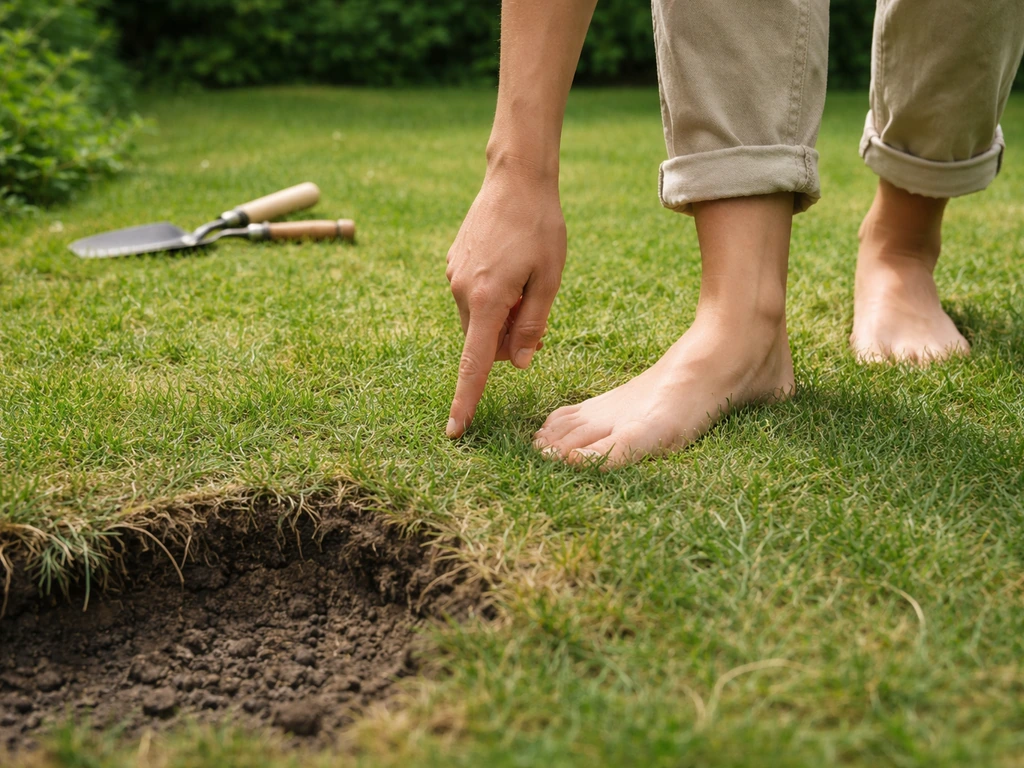 Iemand loopt met blote voeten op gras en checkt de bodem, met een spade/tuingereedschap op de achtergrond.
