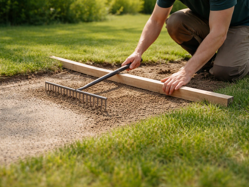 Knielende tuinier egaliseert een grasplek met hark en lineaal; het oppervlak loopt af voor drainage.