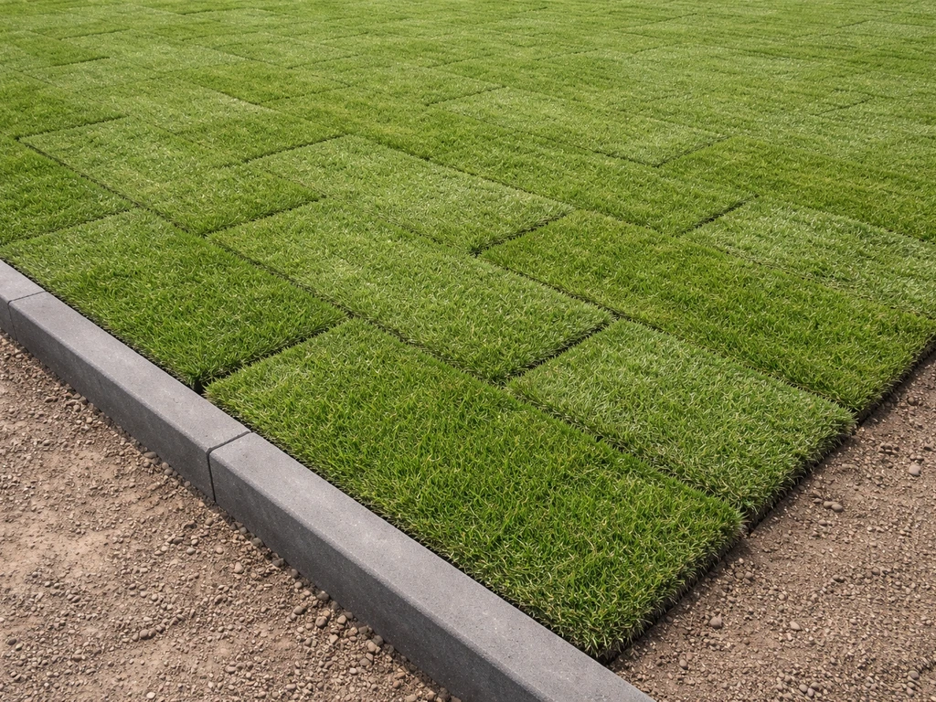 Vers gelegde graszoden met verspringende naden en een opsluitrand van beton langs de rand.