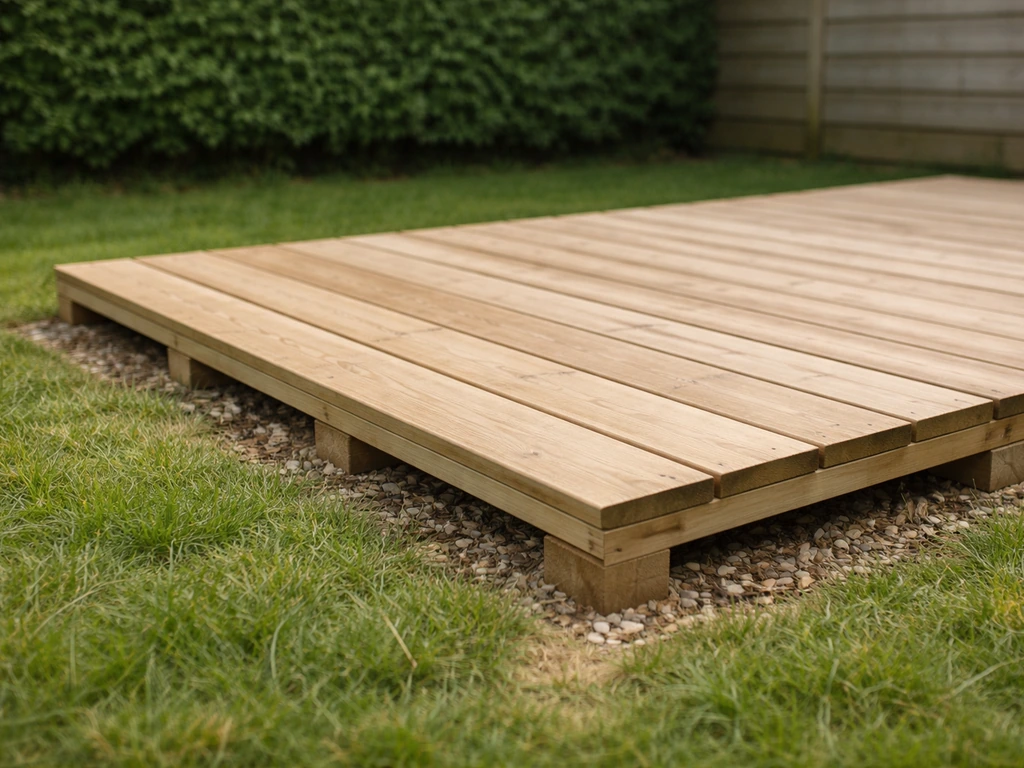 Houten vlonder op gras in een Nederlandse tuin, met zicht op de onderconstructie onder de planken.