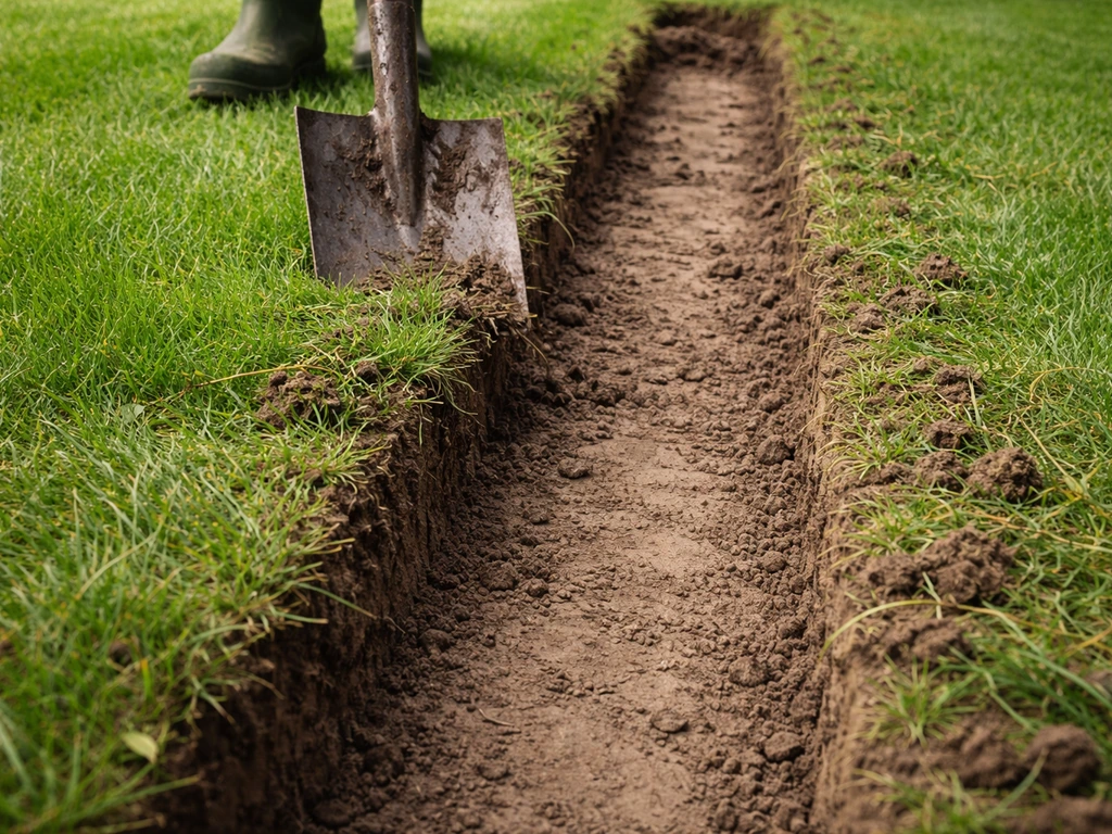 Close-up van afgegraven gras en een net gemaakte sleuf voor de vlonder op een tuinbodem
