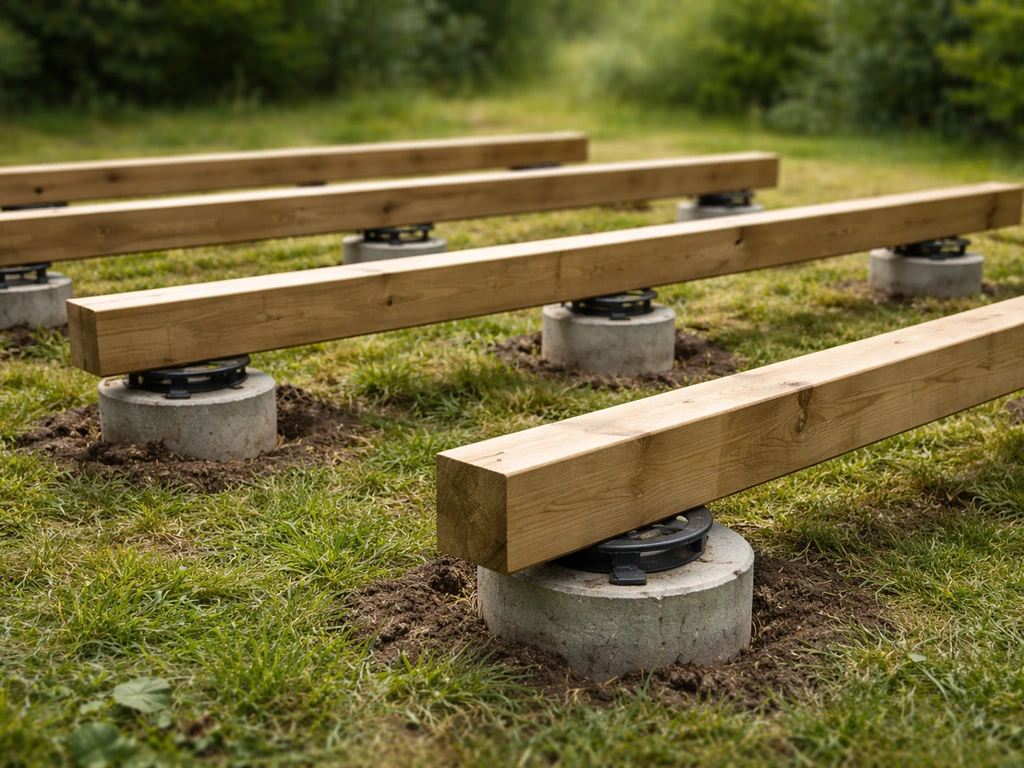 Opgehoogde terrassenconstructie: onderregels uitgelijnd op puntfunderingen van verschillende hoogtes in licht ongelijk g