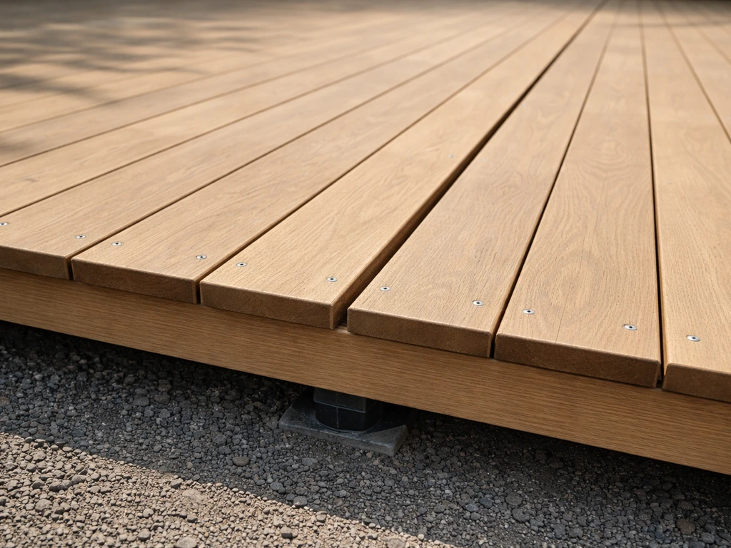 Detailfoto van licht hellende vlonderplanken met zichtbare afwateringsrichting en randafstand tot de grond.