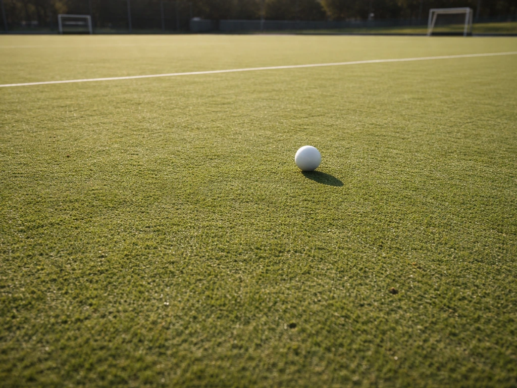 Schuin hockeyveld met een hockeybal die laag over vlak, bespeelbaar gras rolt.