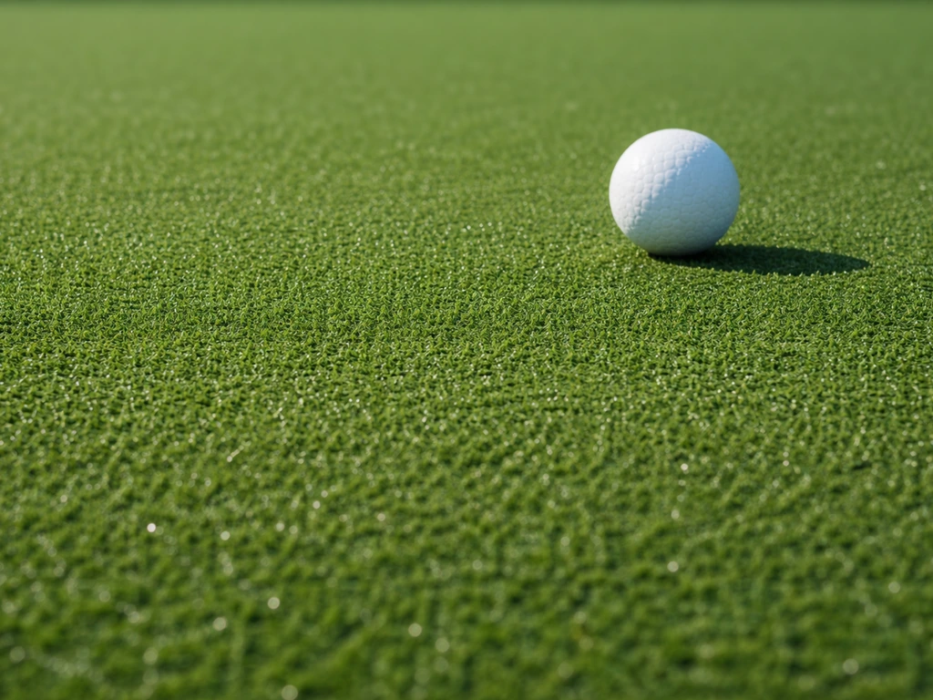 Close-up van vlak hockeygras met een laag rollende hockeybal, droog en zonder oneffenheden.