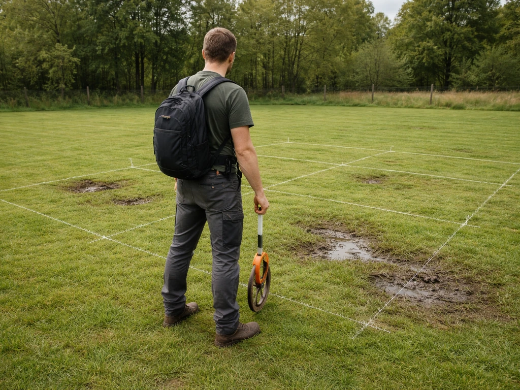 Persoon staat op gras met 5x5 raster en zichtbare natte plekken tijdens locatiecheck op een veld.
