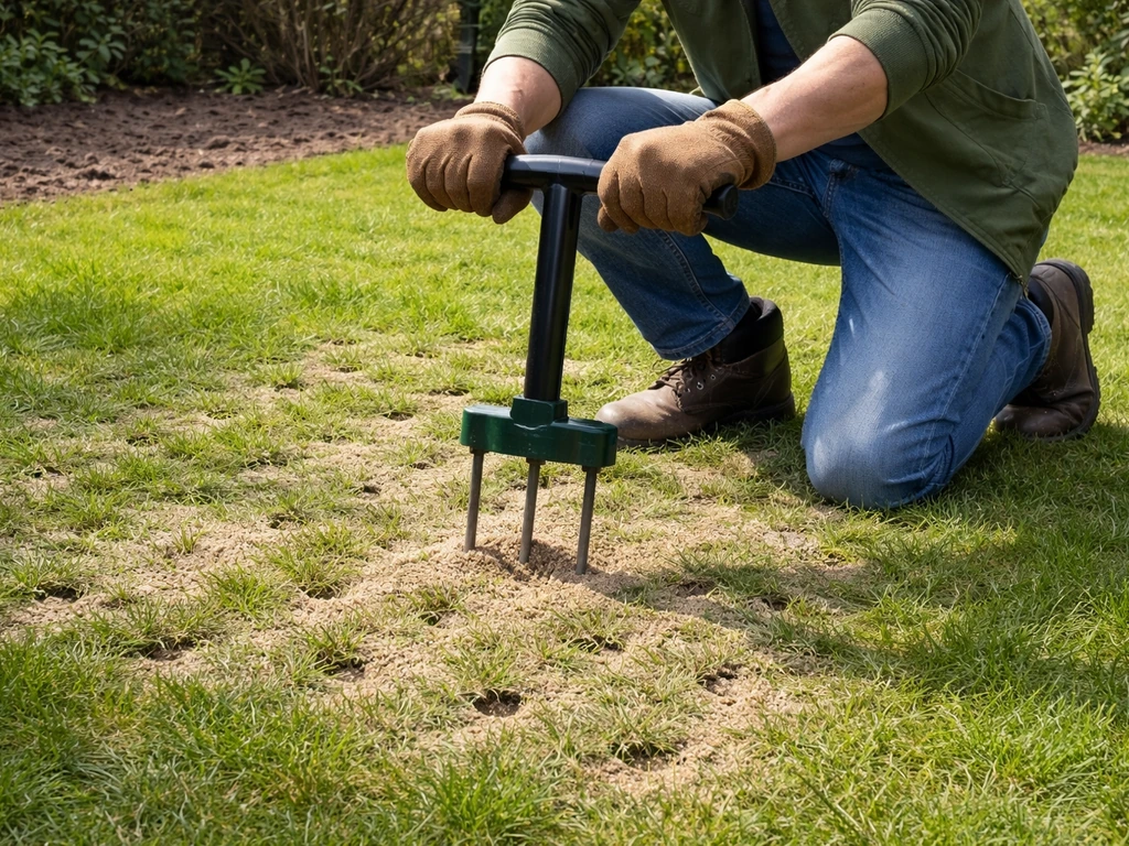 Tuinman werkt aan drainage: beluchter/prikker in actie en zand wordt egaal ingespeeld op grasmat