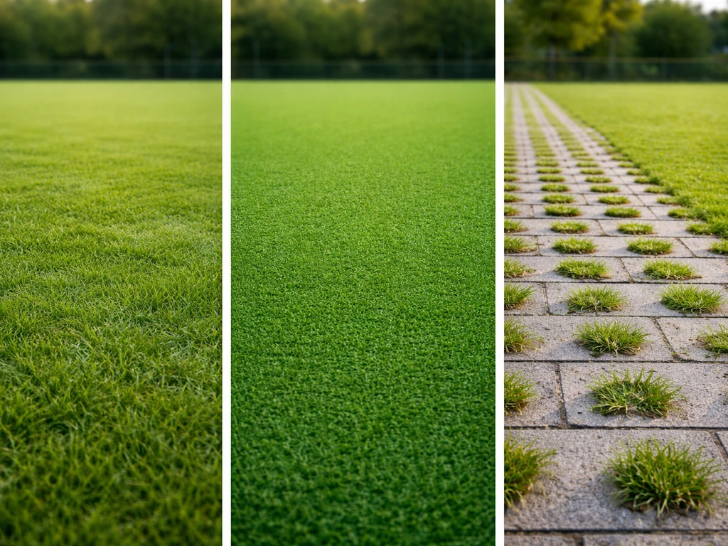 Drieluik van drie hockey-speeloppervlakken: echt gras, kunstgras en hybride tegels+gras, zij-aan-zij in natuurlijk licht
