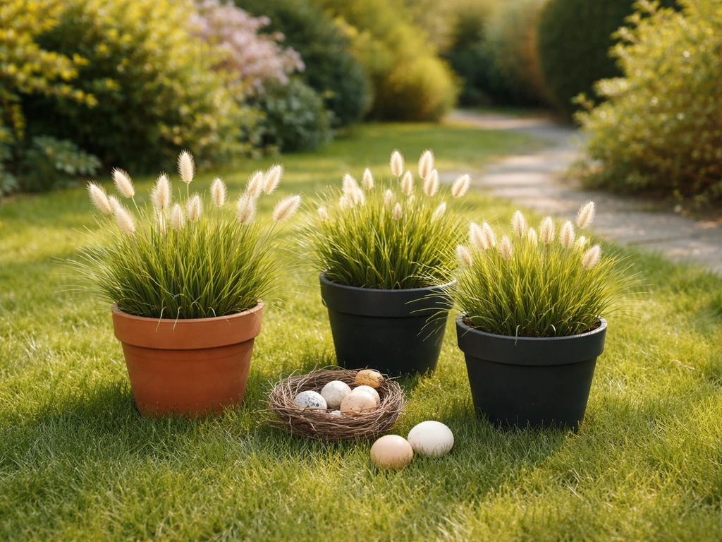 Nederlandse tuin met siergras in bakken voor Pasen, met eieren en een nestje op de grond.