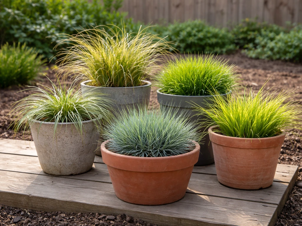 Voorjaarsfoto van siergras in potten (Carex/Festuca-achtig) in een rustige tuinborder, geschikt voor Pasen.
