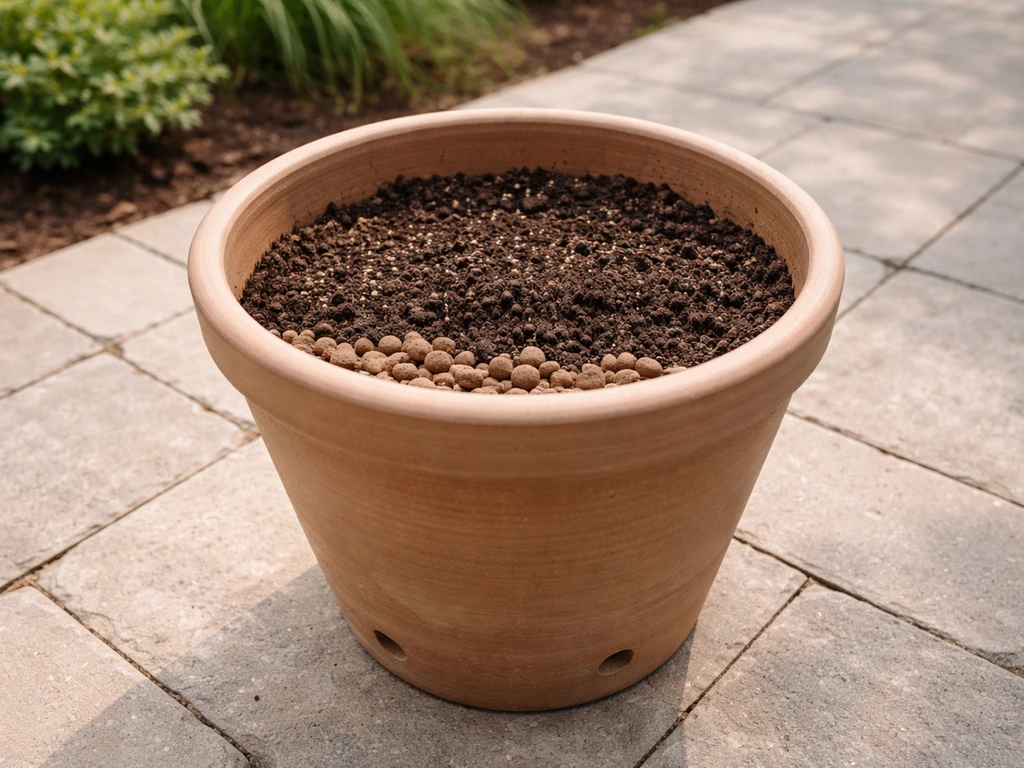 Close-up van een pot met drainagegaten met hydrokorrels en potgrond, klaar om siergrassen in te vullen.