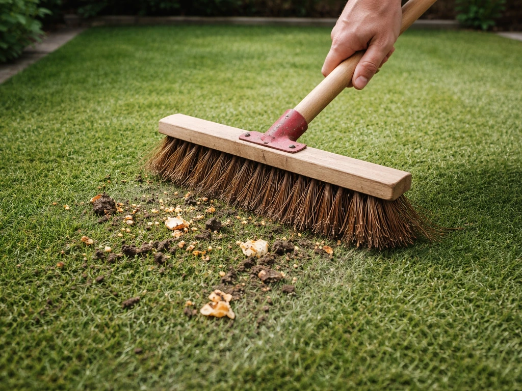 Hand veegt kunstgras na Pasen; zichtbare vlekjes zoals modder en eierresten worden losgemaakt