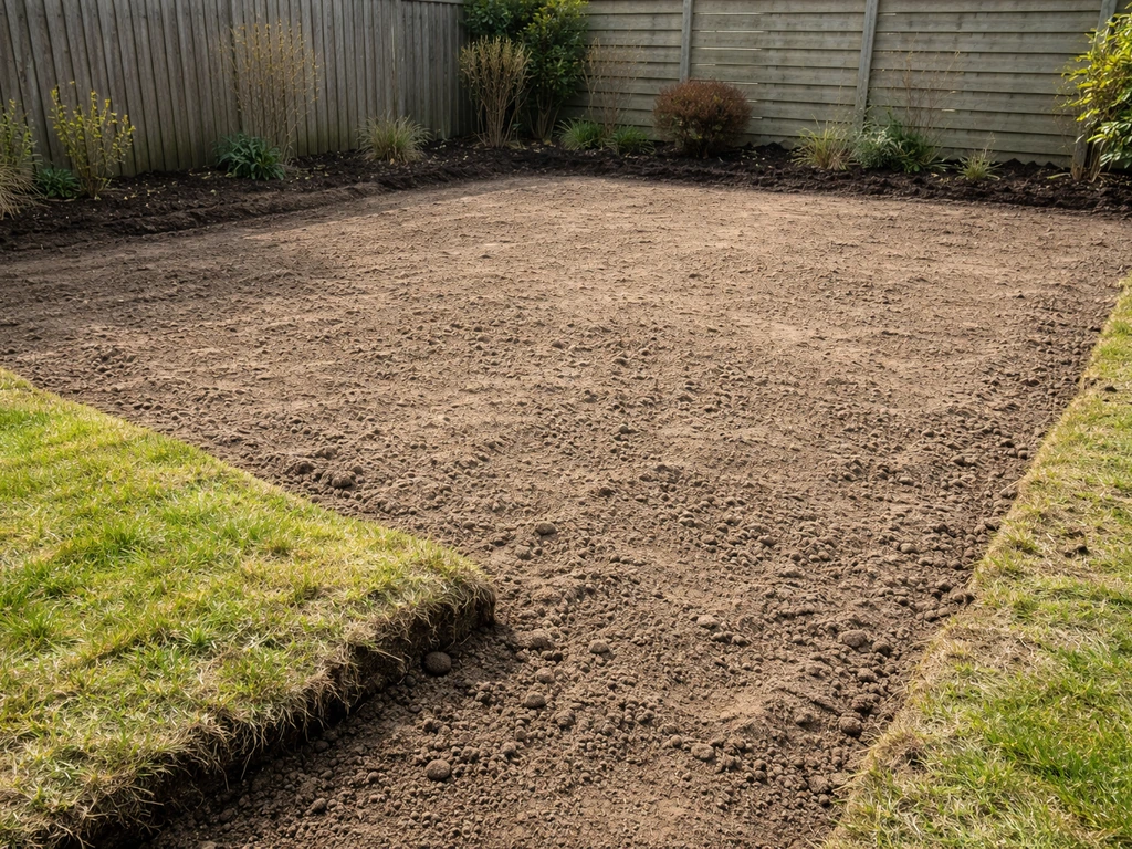 Tuin met verwijderd oud gras en voorbereide ondergrond, klaar voor nieuw gazon.