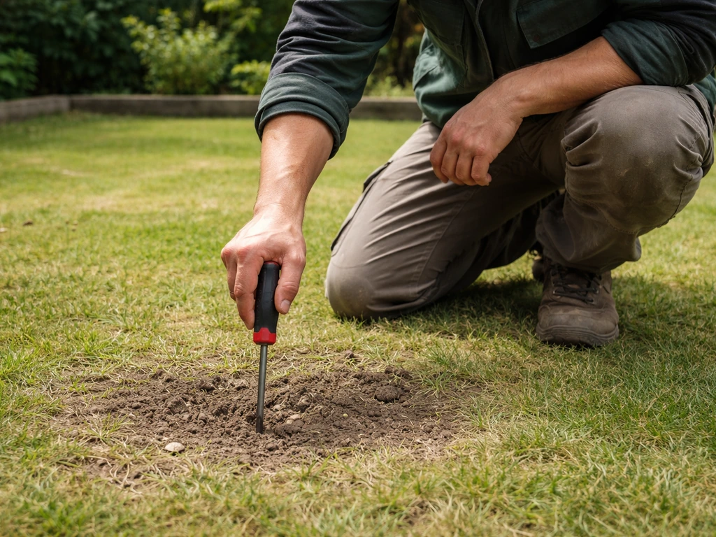 Iemand onderzoekt de bodem in een tuin met een schroevendraaier om verdichting te beoordelen.